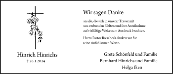Traueranzeige von Hinrich Hinrichs von Ostfriesischer Kurier