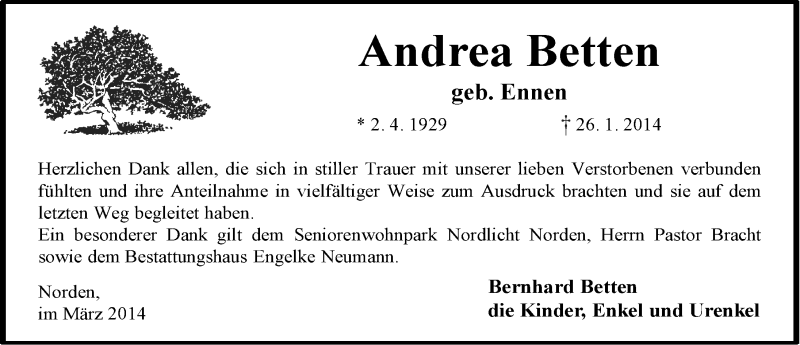  Traueranzeige für Andrea Betten vom 15.03.2014 aus Ostfriesischer Kurier