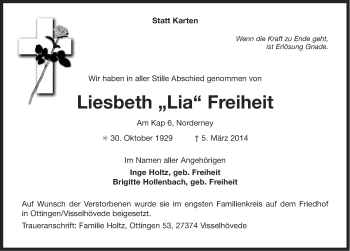 Traueranzeige von Liesbeth Freiheit von Ostfriesischer Kurier