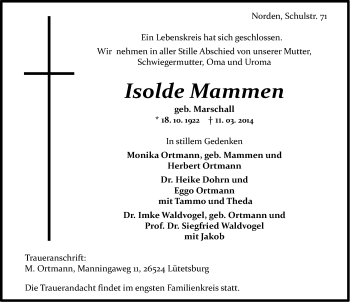Traueranzeige von Isolde Mammen von Ostfriesischer Kurier