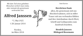 Traueranzeige von Alfred Janssen von Ostfriesischer Kurier