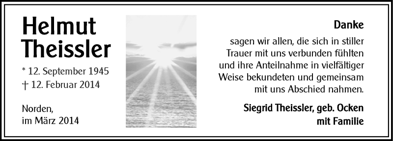 Traueranzeige für Helmut Theissler vom 15.03.2014 aus Ostfriesischer Kurier