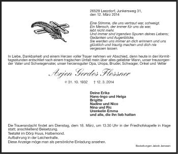 Traueranzeige von Arjen Gerdes Flessner von Ostfriesischer Kurier