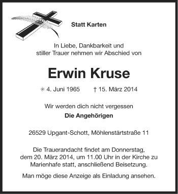 Traueranzeige von Erwin Kruse von Ostfriesischer Kurier