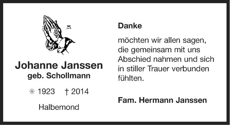  Traueranzeige für Johanne Janssen vom 22.03.2014 aus Ostfriesischer Kurier