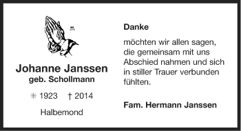 Traueranzeige von Johanne Janssen von Ostfriesischer Kurier