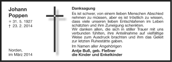 Traueranzeige von Johann Poppen von Ostfriesischer Kurier
