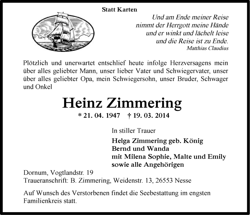  Traueranzeige für Heinz Zimmering vom 20.03.2014 aus Ostfriesischer Kurier