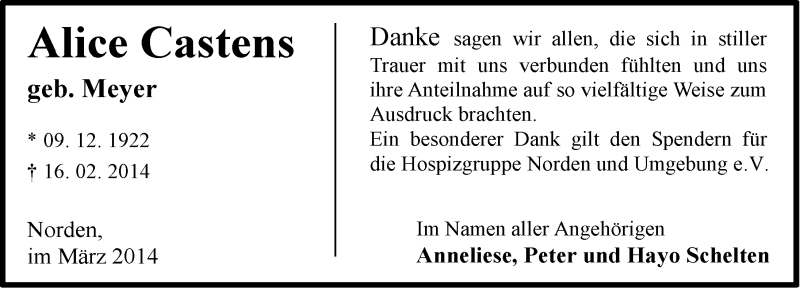  Traueranzeige für Alice Castens vom 22.03.2014 aus Ostfriesischer Kurier
