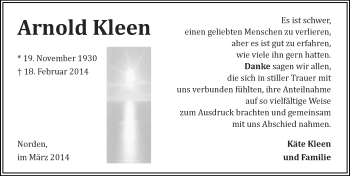 Traueranzeige von Arnold Kleen von Ostfriesischer Kurier