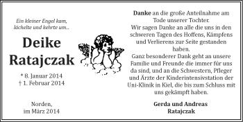 Traueranzeige von Deike Ratajczak von Ostfriesischer Kurier