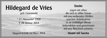 Traueranzeige von Hildegard de Vries von Ostfriesischer Kurier