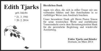 Traueranzeige von Edith Tjarks von Ostfriesischer Kurier