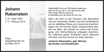 Traueranzeige von Johann Rabenstein von Ostfriesischer Kurier