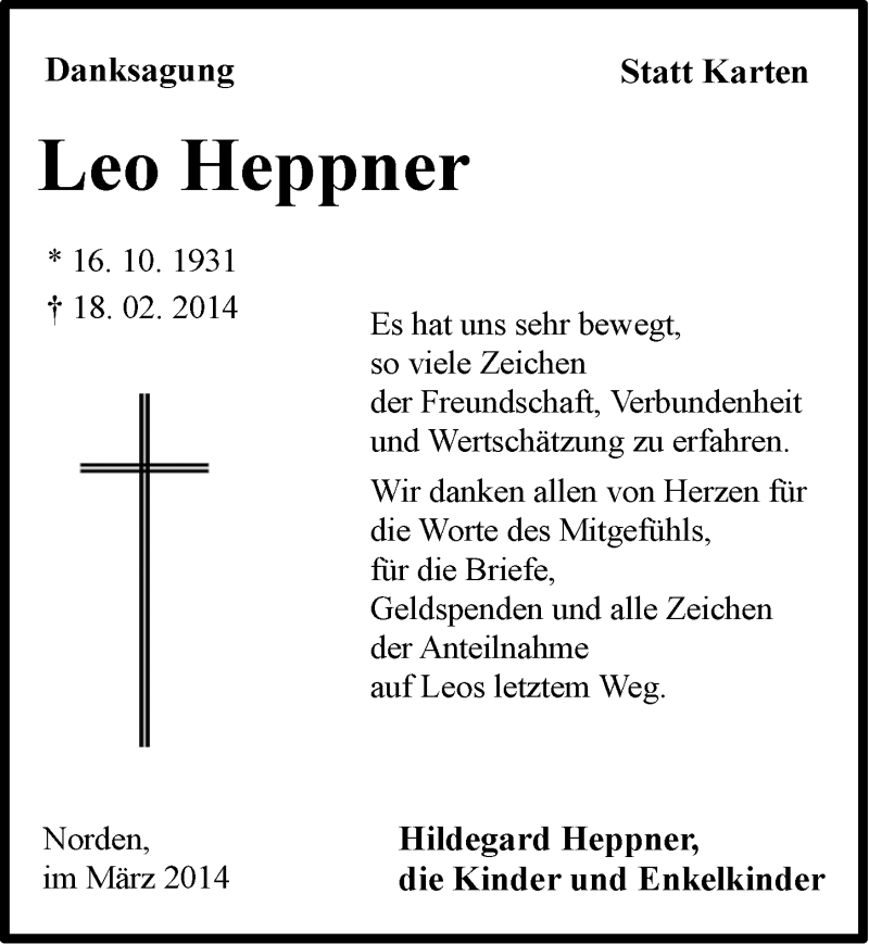  Traueranzeige für Leo Heppner vom 22.03.2014 aus Ostfriesischer Kurier