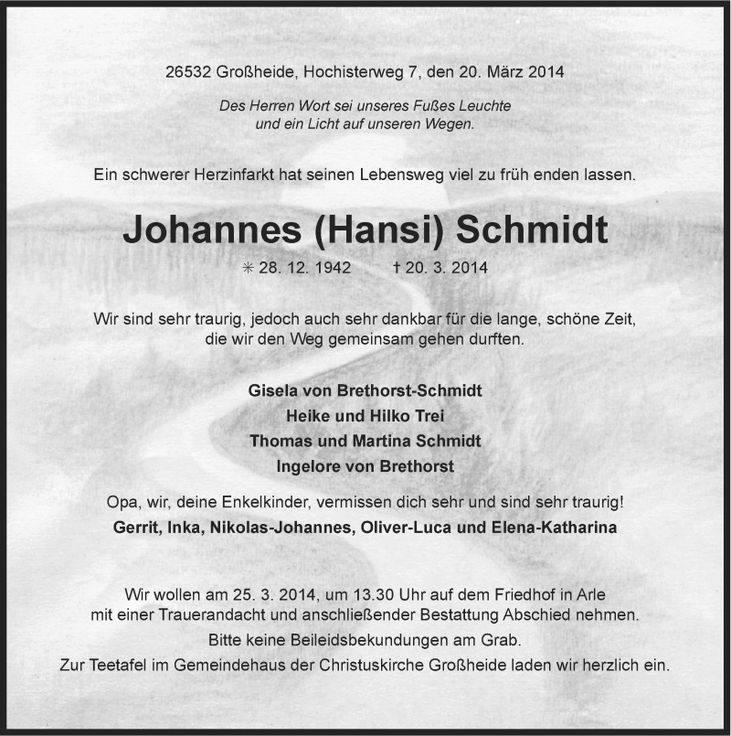  Traueranzeige für Johannes Schmidt vom 22.03.2014 aus Ostfriesischer Kurier