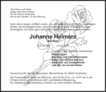 Traueranzeige von Johanne Helmers von Ostfriesischer Kurier