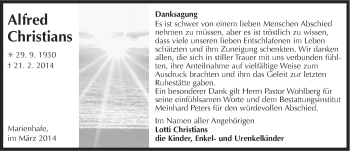 Traueranzeige von Alfred Christians von Ostfriesischer Kurier