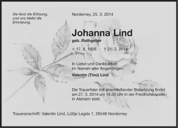 Traueranzeige von Johanna Lind von Ostfriesischer Kurier