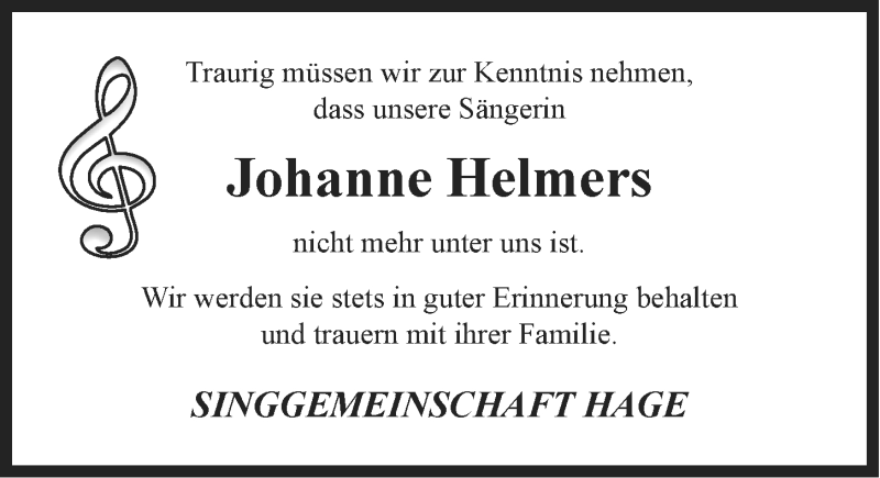 Traueranzeige für Johanne Helmers vom 26.03.2014 aus Ostfriesischer Kurier