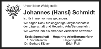 Traueranzeige von Johannes Schmidt von Ostfriesischer Kurier