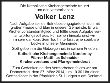 Traueranzeige von Volker Lenz von Ostfriesischer Kurier