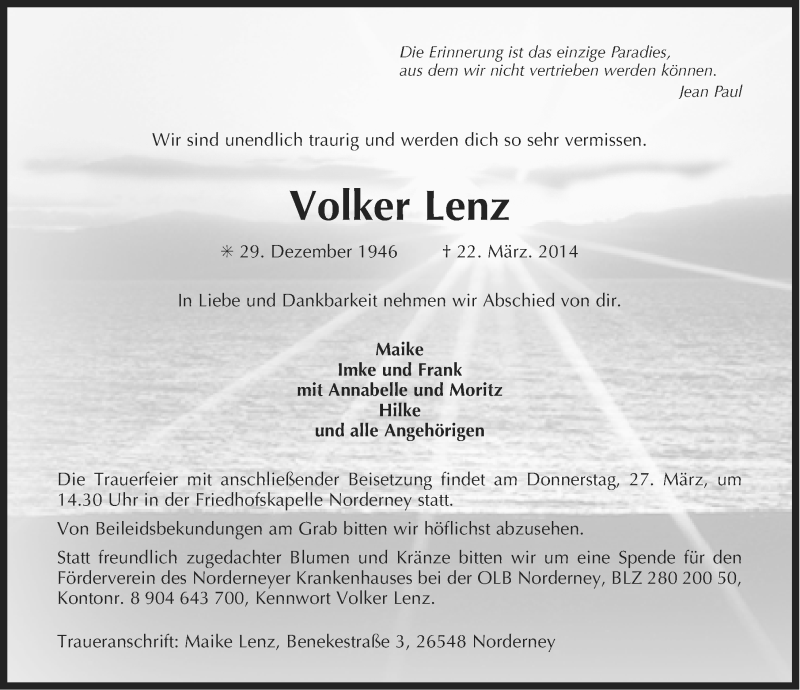  Traueranzeige für Volker Lenz vom 26.03.2014 aus Ostfriesischer Kurier