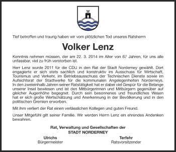 Traueranzeige von Volker Lenz von Ostfriesischer Kurier