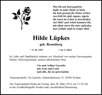 Traueranzeige von Hilde Lüpkes von Ostfriesischer Kurier