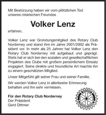 Traueranzeige von Volker Lenz von Ostfriesischer Kurier