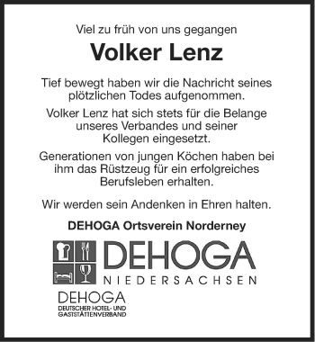Traueranzeige von Volker Lenz von Ostfriesischer Kurier