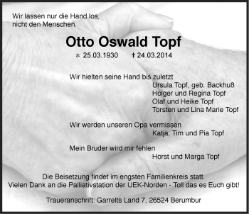 Traueranzeige von Otto Oswald Topf von Ostfriesischer Kurier