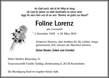 Traueranzeige von Foline Lorenz von Ostfriesischer Kurier