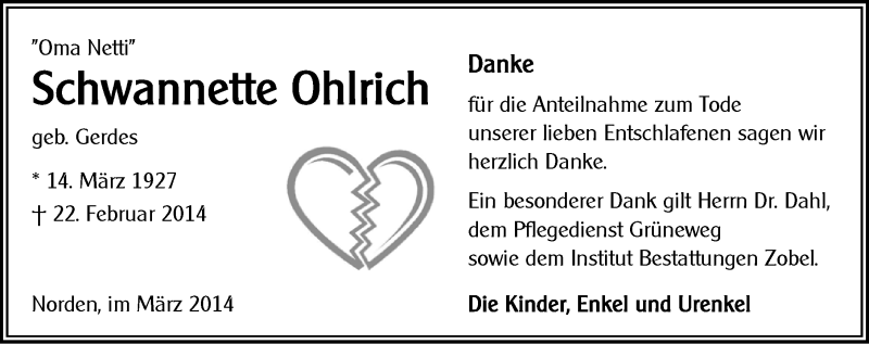  Traueranzeige für Schwannette Ohlrich vom 29.03.2014 aus Ostfriesischer Kurier