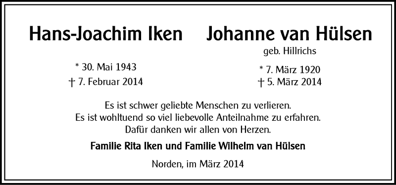  Traueranzeige für Johanne van Hülsen vom 29.03.2014 aus Ostfriesischer Kurier