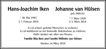 Traueranzeige von Johanne van Hülsen von Ostfriesischer Kurier