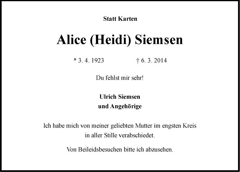  Traueranzeige für Alice Siemsen vom 29.03.2014 aus Ostfriesischer Kurier