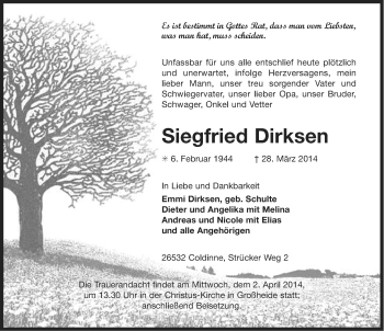Traueranzeige von Siegfried Dirksen von Ostfriesischer Kurier