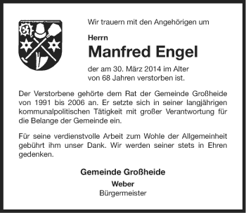 Traueranzeige von Manfred Engel von Ostfriesischer Kurier