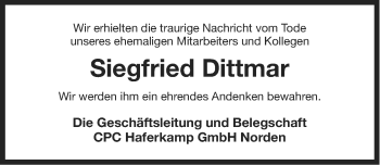 Traueranzeige von Siegfried Dittmar von Ostfriesischer Kurier