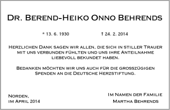 Traueranzeige von Berend-Heiko Onno Behrends von Ostfriesischer Kurier