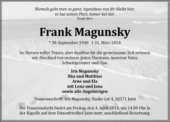 Traueranzeige von Frank Magunsky von Ostfriesischer Kurier