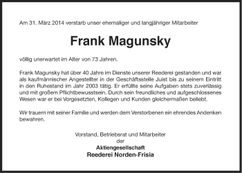 Traueranzeige von Frank Magunsky von Ostfriesischer Kurier