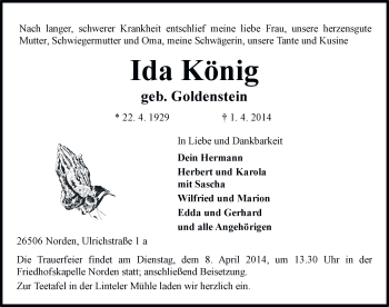 Traueranzeige von Ida König von Ostfriesischer Kurier
