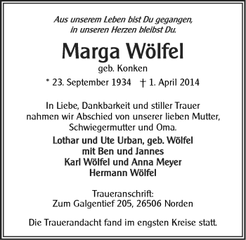 Traueranzeige von Marga Wölfel von Ostfriesischer Kurier
