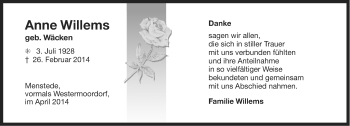Traueranzeige von Anne Willems von Ostfriesischer Kurier