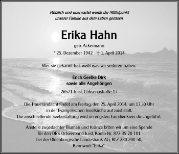 Traueranzeige von Erika Hahn von Ostfriesischer Kurier