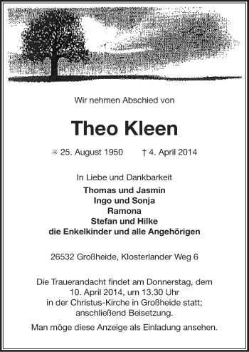 Traueranzeige von Theo Kleen von Ostfriesischer Kurier