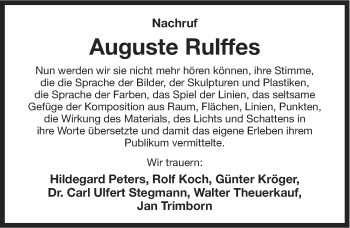 Traueranzeige von Auguste Rulffes von Ostfriesischer Kurier