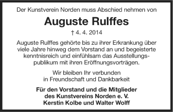 Traueranzeige von Auguste Rulffes von Ostfriesischer Kurier